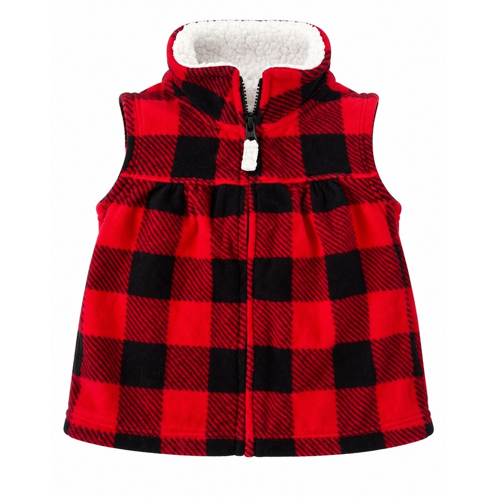 Carter's Baby 6M Red Black Buffalo Plaid Fleece Zip Vest Sherpa Collar